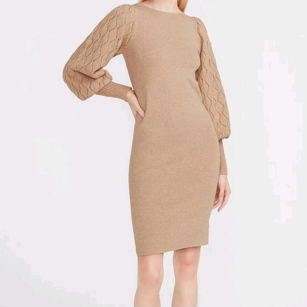 Express midi dress XS Petite tan knit statement long balloon sleeves ribbed